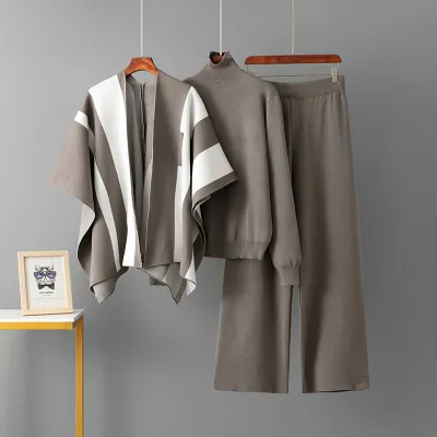 Women Fashion Casual Autumn Winter Contrast Color Shawl Set Shawl Long-Sleeve Sweater Wide Leg Pants Knitted Three-Piece Set