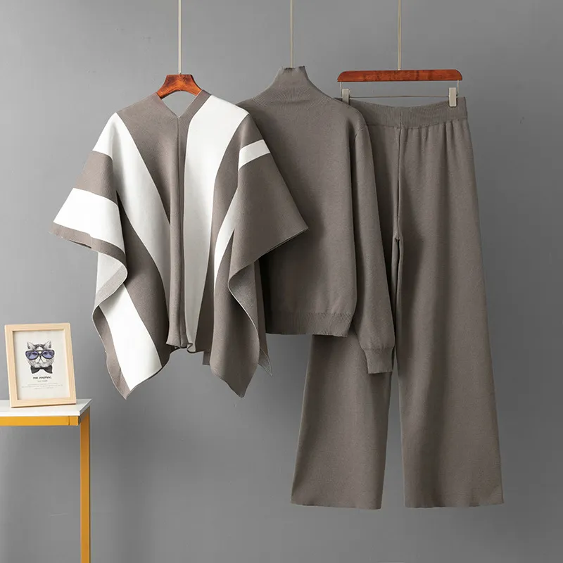 Women Fashion Casual Autumn Winter Contrast Color Shawl Set Shawl Long-Sleeve Sweater Wide Leg Pants Knitted Three-Piece Set