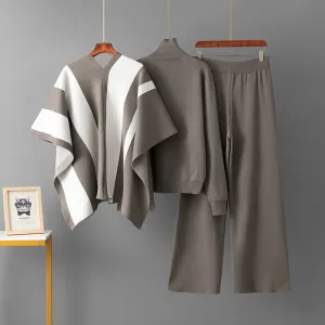 Women Fashion Casual Autumn Winter Contrast Color Shawl Set Shawl Long-Sleeve Sweater Wide Leg Pants Knitted Three-Piece Set