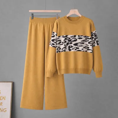 Women Fashion Casual Autumn And Winter Leopard Round Neck Long-Sleeve Sweater Wide-Leg Pants Knitted Two-Piece Set