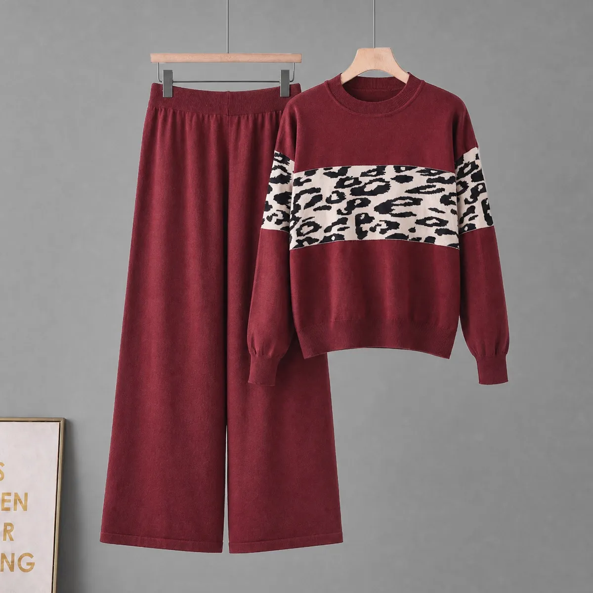 Women Fashion Casual Autumn And Winter Leopard Round Neck Long-Sleeve Sweater Wide-Leg Pants Knitted Two-Piece Set