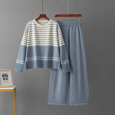 Women Fashion Casual Autumn And Winter Stripe Long-Sleeve Sweater Loose Pants Knitted Two-Piece Set