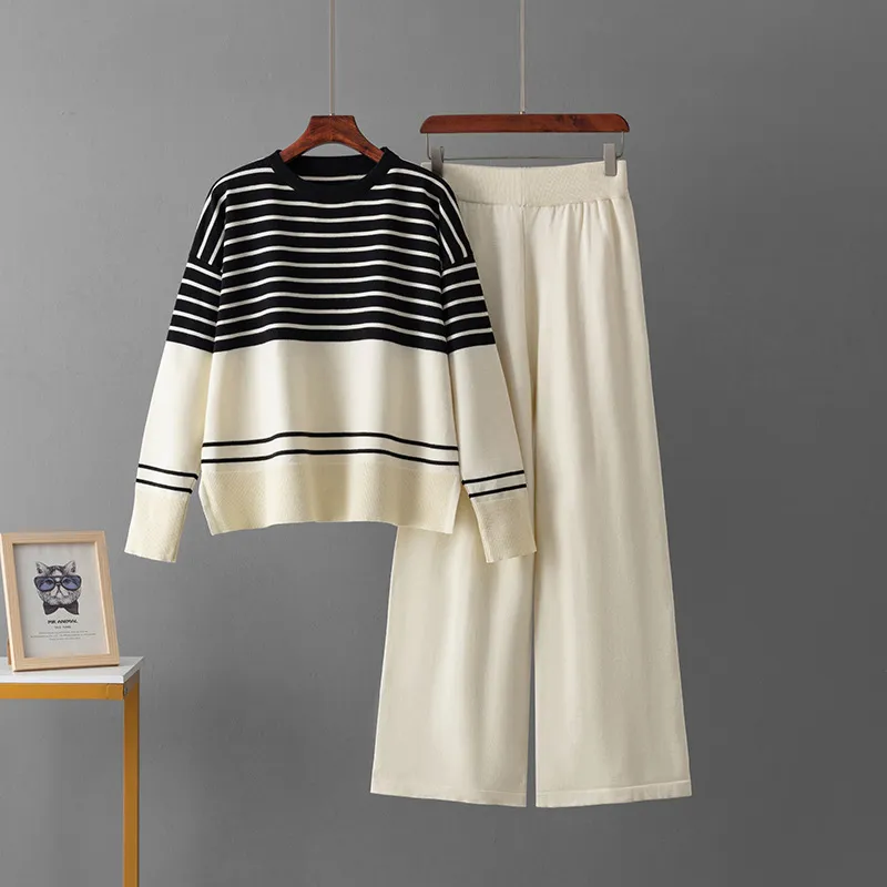 Women Fashion Casual Autumn And Winter Stripe Long-Sleeve Sweater Loose Pants Knitted Two-Piece Set