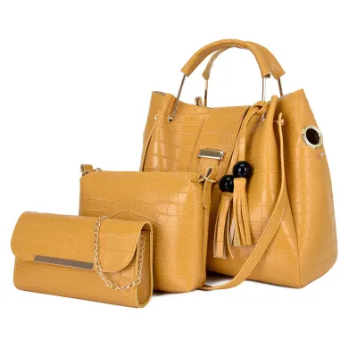 Women Fashion Casual Solid Color Crocodile Pattern Bucket Handbag Four-Piece Bag Set