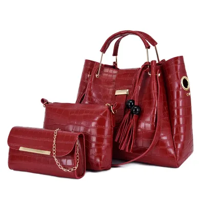 Women Fashion Casual Solid Color Crocodile Pattern Bucket Handbag Four-Piece Bag Set