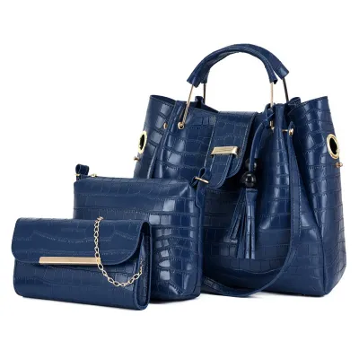 Women Fashion Casual Solid Color Crocodile Pattern Bucket Handbag Four-Piece Bag Set