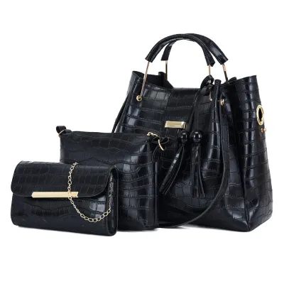 Women Fashion Casual Solid Color Crocodile Pattern Bucket Handbag Four-Piece Bag Set