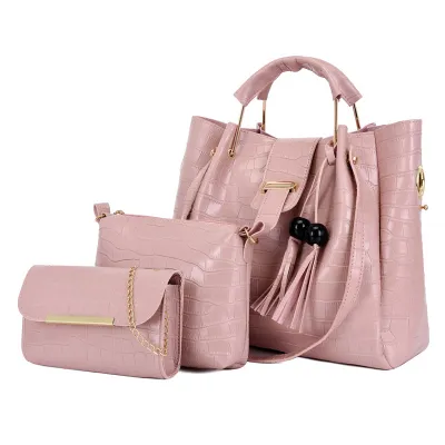 Women Fashion Casual Solid Color Crocodile Pattern Bucket Handbag Four-Piece Bag Set