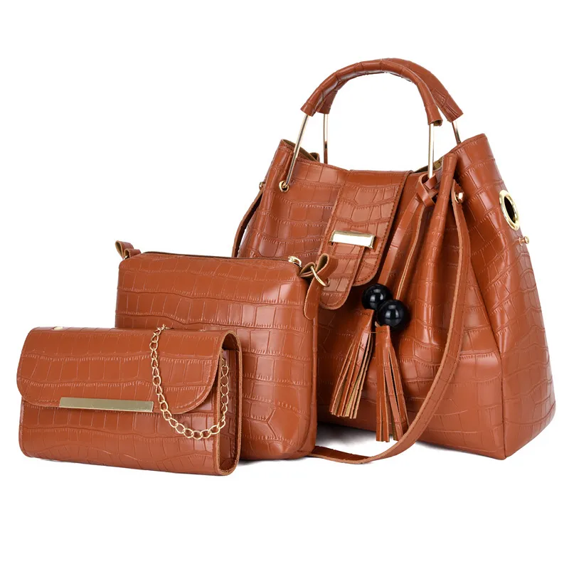 Women Fashion Casual Solid Color Crocodile Pattern Bucket Handbag Four-Piece Bag Set