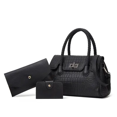 Women Fashion Casual Solid Color Soft Leather Crocodile Print Handbag Three-Piece Bag Set