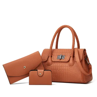 Women Fashion Casual Solid Color Soft Leather Crocodile Print Handbag Three-Piece Bag Set