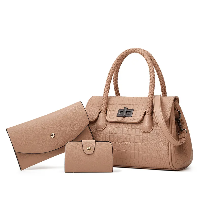 Women Fashion Casual Solid Color Soft Leather Crocodile Print Handbag Three-Piece Bag Set