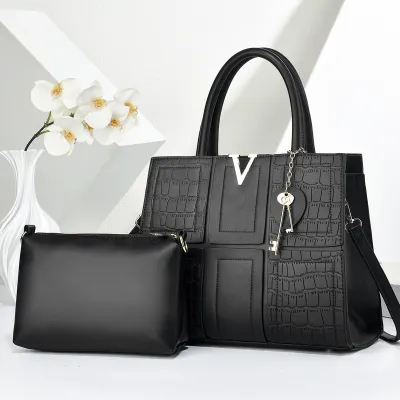 Women Fashion Casual Solid Color Large Capacity Stitching Handbag Two-Piece Bag Set