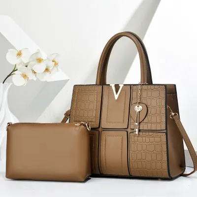 Women Fashion Casual Solid Color Large Capacity Stitching Handbag Two-Piece Bag Set