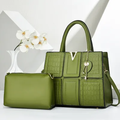 Women Fashion Casual Solid Color Large Capacity Stitching Handbag Two-Piece Bag Set
