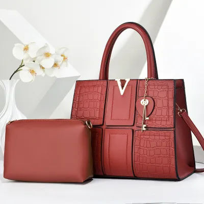Women Fashion Casual Solid Color Large Capacity Stitching Handbag Two-Piece Bag Set