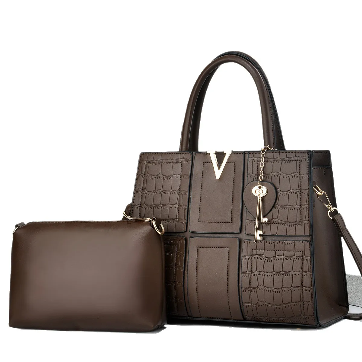 Women Fashion Casual Solid Color Large Capacity Stitching Handbag Two-Piece Bag Set