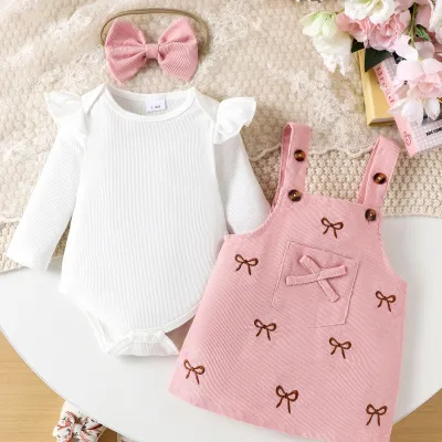Kids Baby Girls Fashion Spring And Autumn Long Sleeve Rompers Corduroy Strap Dress Two-Piece Set
