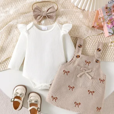Kids Baby Girls Fashion Spring And Autumn Long Sleeve Rompers Corduroy Strap Dress Two-Piece Set
