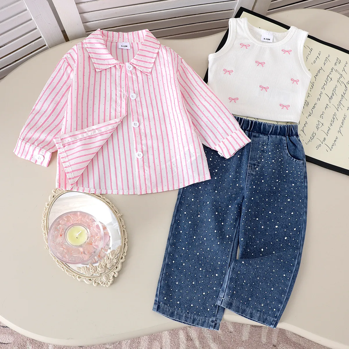 Kids Baby Girls Fashion Casual Summer Stripe Long-Sleeve Shirt Bow Printed Tank Top Rhinestone Jeans 3-Piece Set