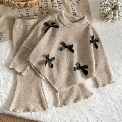 Kids Baby Girls Fashion Autumn And Winter Bow Decoration Long Sleeve Half High Collar Velvet Top Pants Two-Piece Set