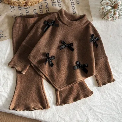 Kids Baby Girls Fashion Autumn And Winter Bow Decoration Long Sleeve Half High Collar Velvet Top Pants Two-Piece Set