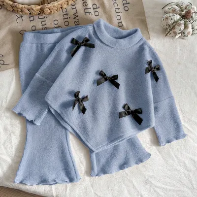 Kids Baby Girls Fashion Autumn And Winter Bow Decoration Long Sleeve Half High Collar Velvet Top Pants Two-Piece Set