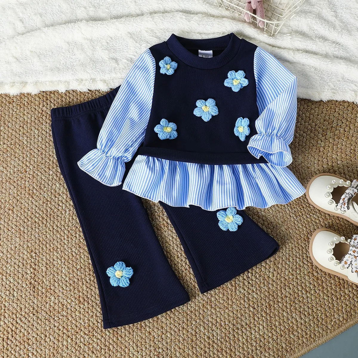 Kids Baby Girl Fashion Spring And Autumn Long Sleeve Stripe Three-Dimensional Floral Top Flared Pants Two-Piece Set