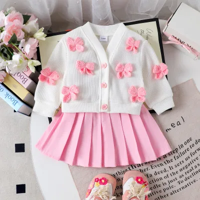 Kids Baby Girls Fashion Spring And Autumn Long Sleeve Bow Cardigan Mini Pleated Skirt 2-Piece Set