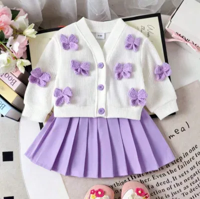 Kids Baby Girls Fashion Spring And Autumn Long Sleeve Bow Cardigan Mini Pleated Skirt 2-Piece Set