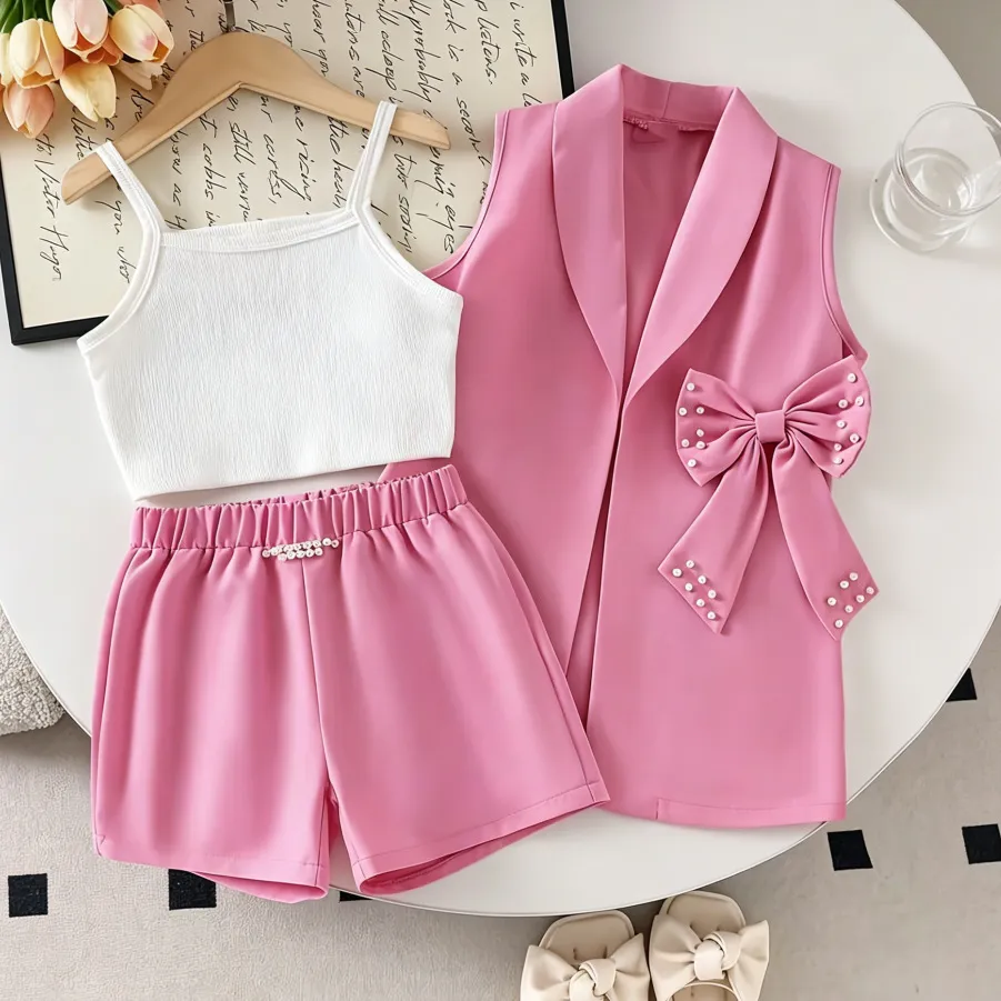 Kids Girls Fashion Casual Summer Solid Color Camisole Bow Sleeveless Coat Loose Shorts Three-Piece Set