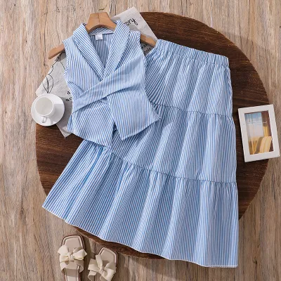 Kids Girls Fashion Casual Summer Stripe Sleeveless Waist Shirt Maxi Skirt Two-Piece Set