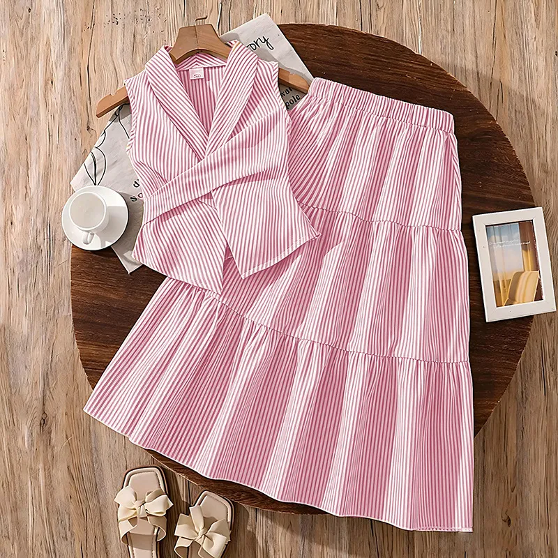 Kids Girls Fashion Casual Summer Stripe Sleeveless Waist Shirt Maxi Skirt Two-Piece Set