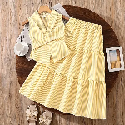 Kids Girls Fashion Casual Summer Stripe Sleeveless Waist Shirt Maxi Skirt Two-Piece Set