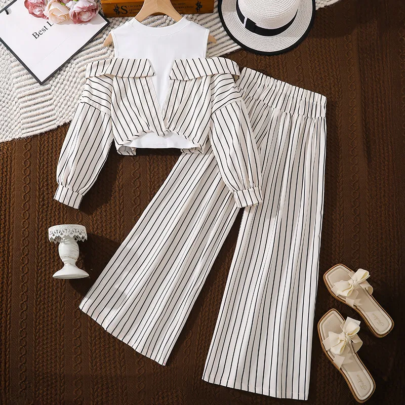 Kids Girls' Fashion Casual Autumn Stripe Stitching Long Sleeve Top Wide Leg Pants Two-Piece Set