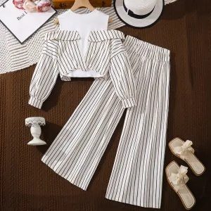 Kids Girls' Fashion Casual Autumn Stripe Stitching Long Sleeve Top Wide Leg Pants Two-Piece Set