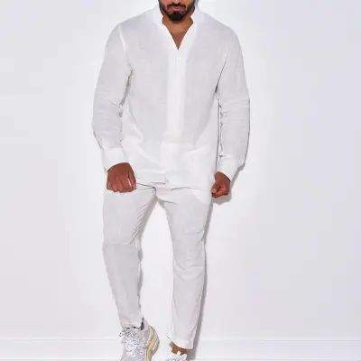 Men Fashion Casual Autumn Solid Color Linen Lapel Long-Sleeve Shirt Loose Pants Two-Piece Set