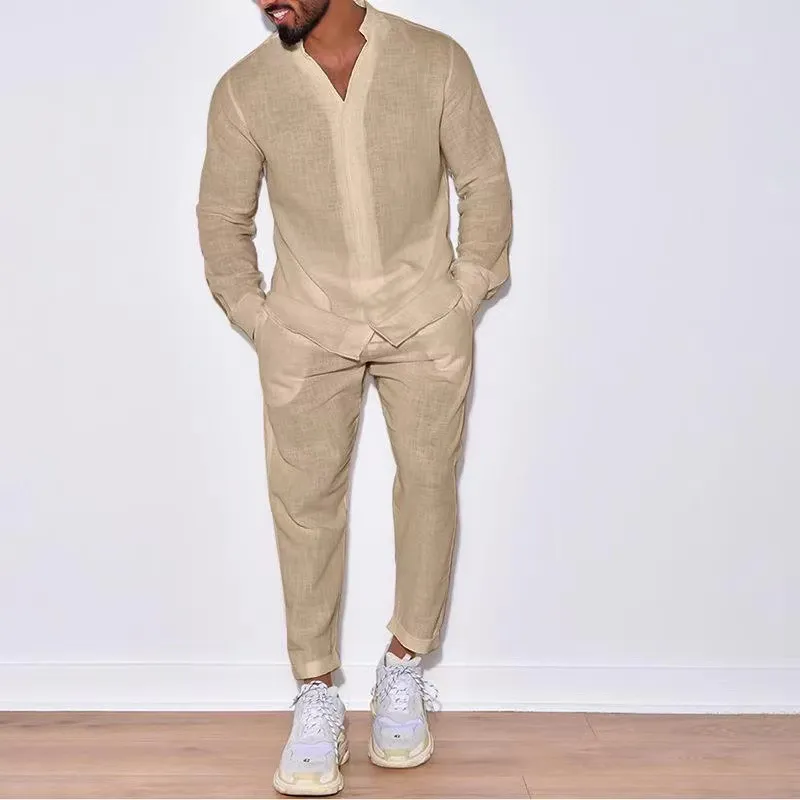 Men Fashion Casual Autumn Solid Color Linen Lapel Long-Sleeve Shirt Loose Pants Two-Piece Set