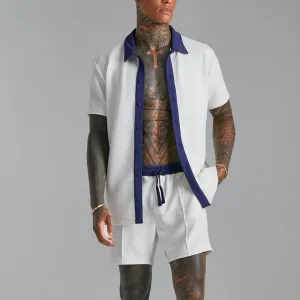 Men'S Fashion Casual Summer Contrast Color Lapel Short-Sleeve Shirt Cardigan Loose Shorts Two-Piece Set