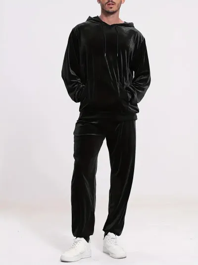 Men'S Fashion Casual Autumn Solid Color Velvet Long Sleeve Hoodies Pants Two-Piece Set