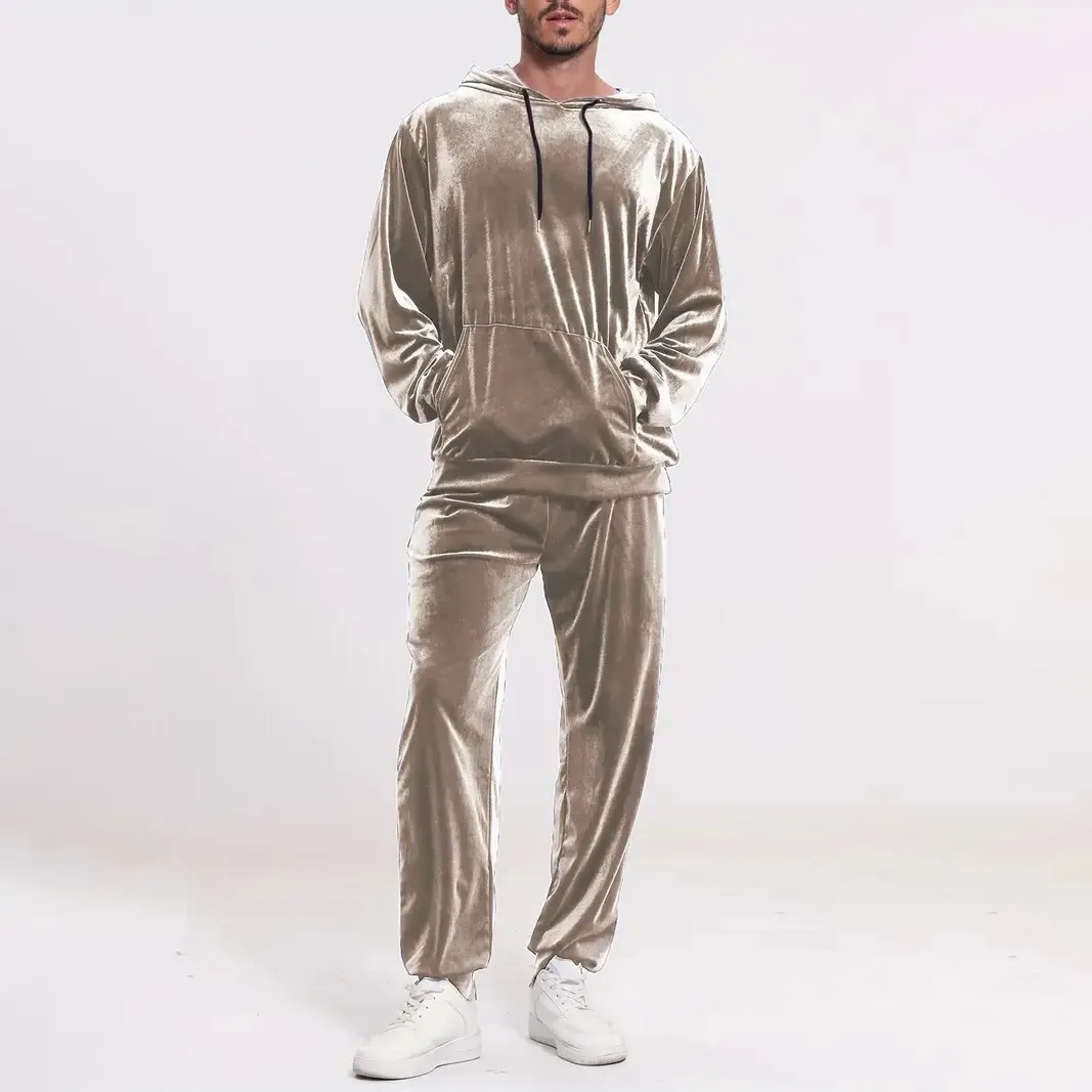 Men'S Fashion Casual Autumn Solid Color Velvet Long Sleeve Hoodies Pants Two-Piece Set