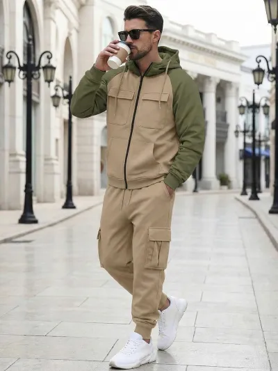 Men Fashion Casual Autumn And Winter Velvet Multi-Pocket Long-Sleeve Coat Pants Two-Piece Set
