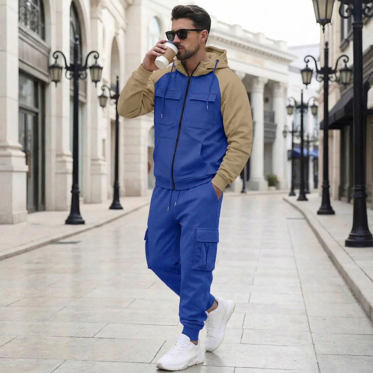 Men Fashion Casual Autumn And Winter Velvet Multi-Pocket Long-Sleeve Coat Pants Two-Piece Set