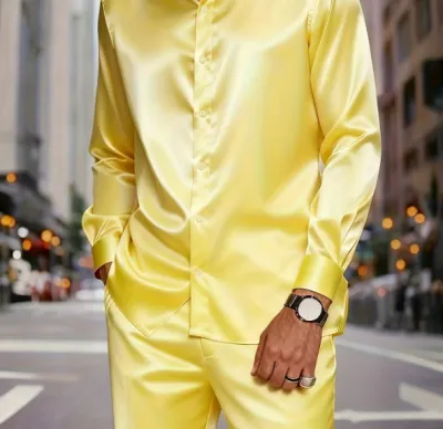 Men Fashion Casual Autumn Solid Color Lapel Long Sleeve Shirt Loose Pants Two-Piece Set