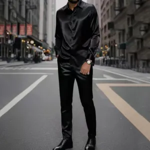 Men Fashion Casual Autumn Solid Color Lapel Long Sleeve Shirt Loose Pants Two-Piece Set