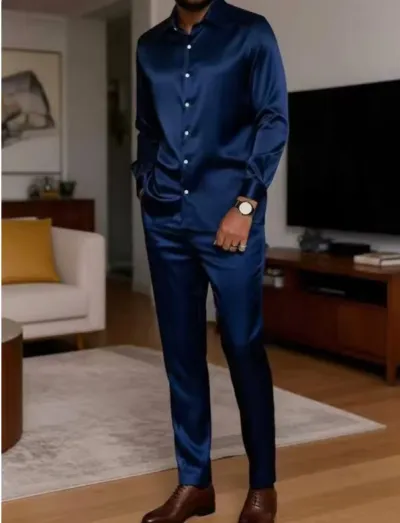 Men Fashion Casual Autumn Solid Color Lapel Long Sleeve Shirt Loose Pants Two-Piece Set