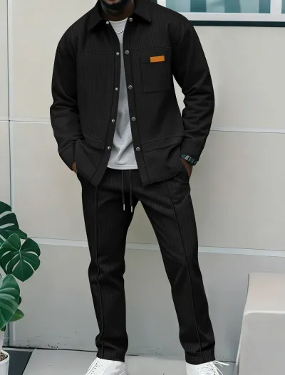 Men Fashion Casual Autumn Solid Color Lapel Long-Sleeve Jacket Slim-Fit Pants Two-Piece Set