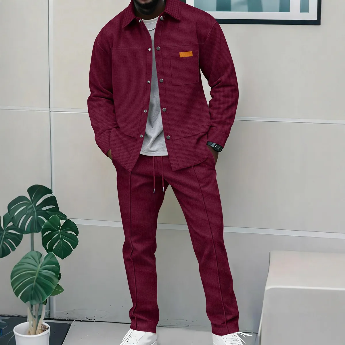 Men Fashion Casual Autumn Solid Color Lapel Long-Sleeve Jacket Slim-Fit Pants Two-Piece Set