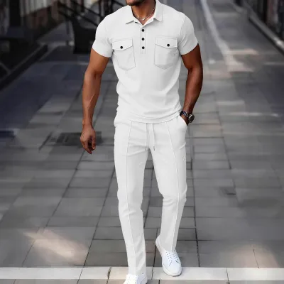 Men'S Fashion Casual Summer Solid Color Waffle Lapel Double Pocket Polo Shirt Slim-Fit Pants Two-Piece Set