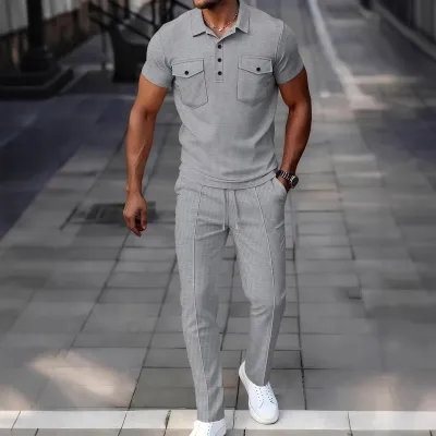 Men'S Fashion Casual Summer Solid Color Waffle Lapel Double Pocket Polo Shirt Slim-Fit Pants Two-Piece Set
